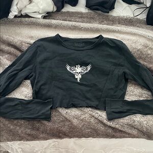 Brandy Melville Black Cropped Long-Sleeve Top with White Winged Skull Graphic